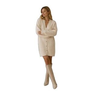 GANNI Cream Long Wool Cardigan Snap Closure Rib Knit Sweater Dress XXS Oversized